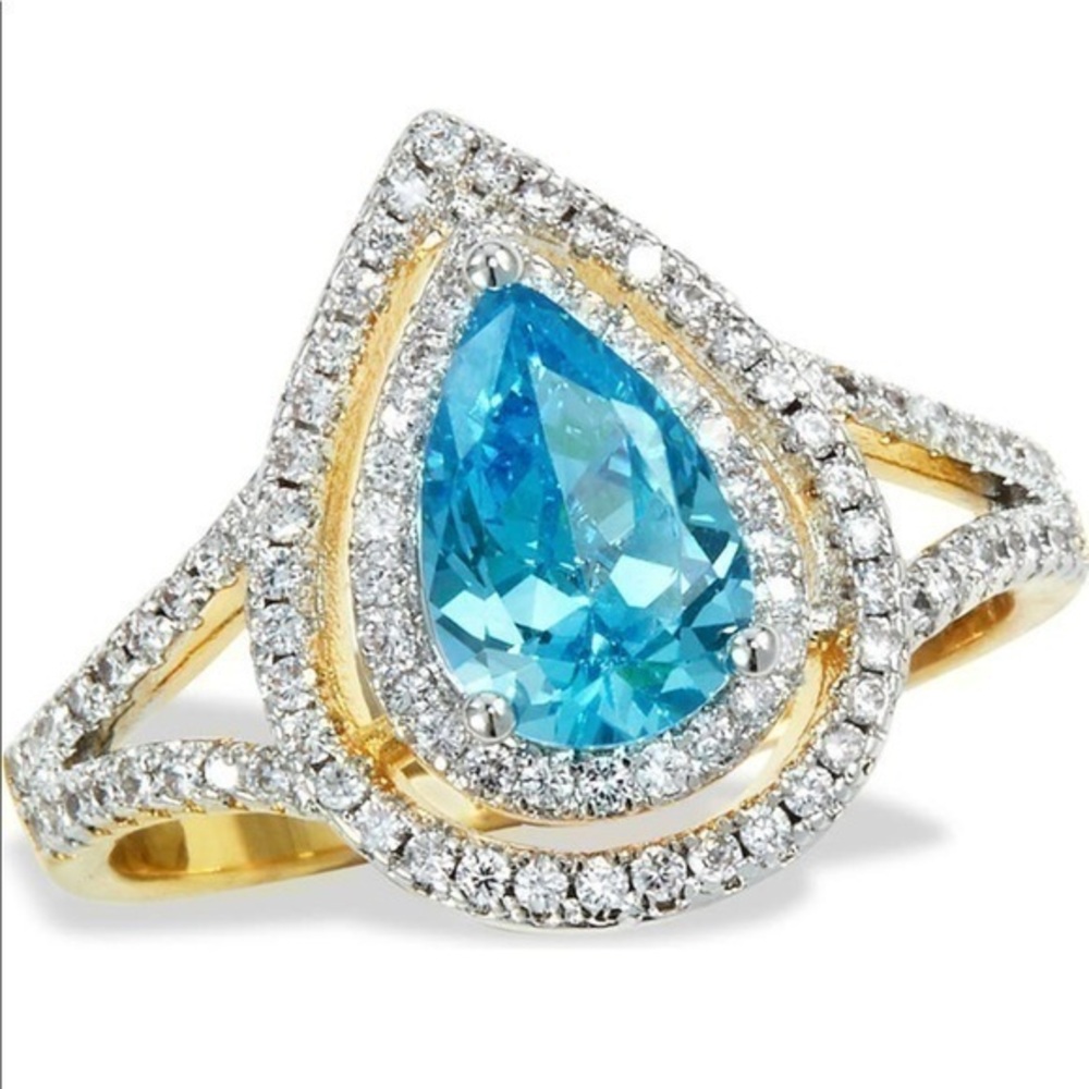 SAVVY CIE JEWELS 18K P. Halo Pear Cut Laguna Blue Sapphire Ring (JA001)
